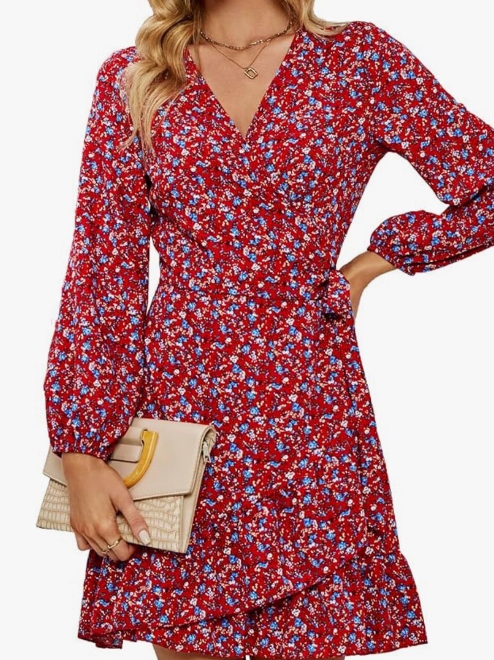 Red Floral Wrap-Front Long Sleeve Dress